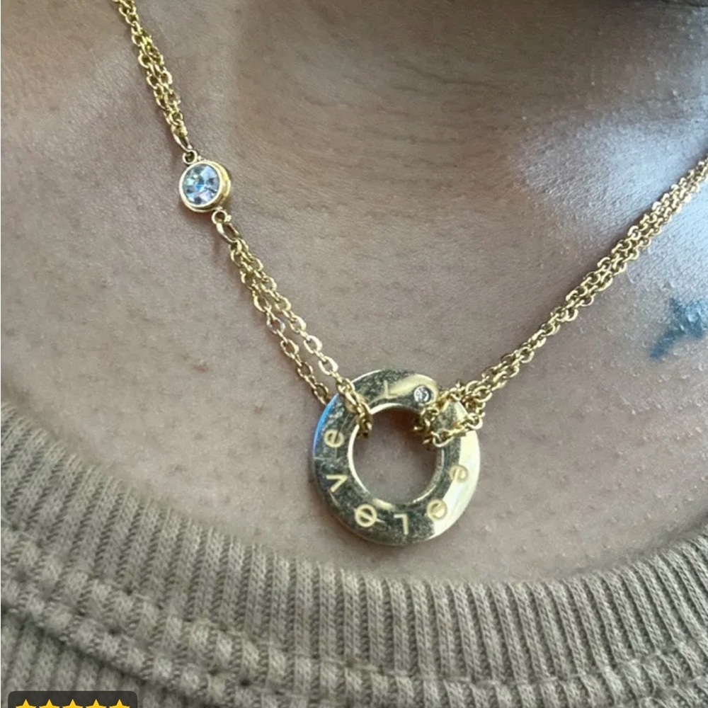 Dainty Gold-Tone Circle Pendant Necklace with Floating Crystal - Women Jewerly